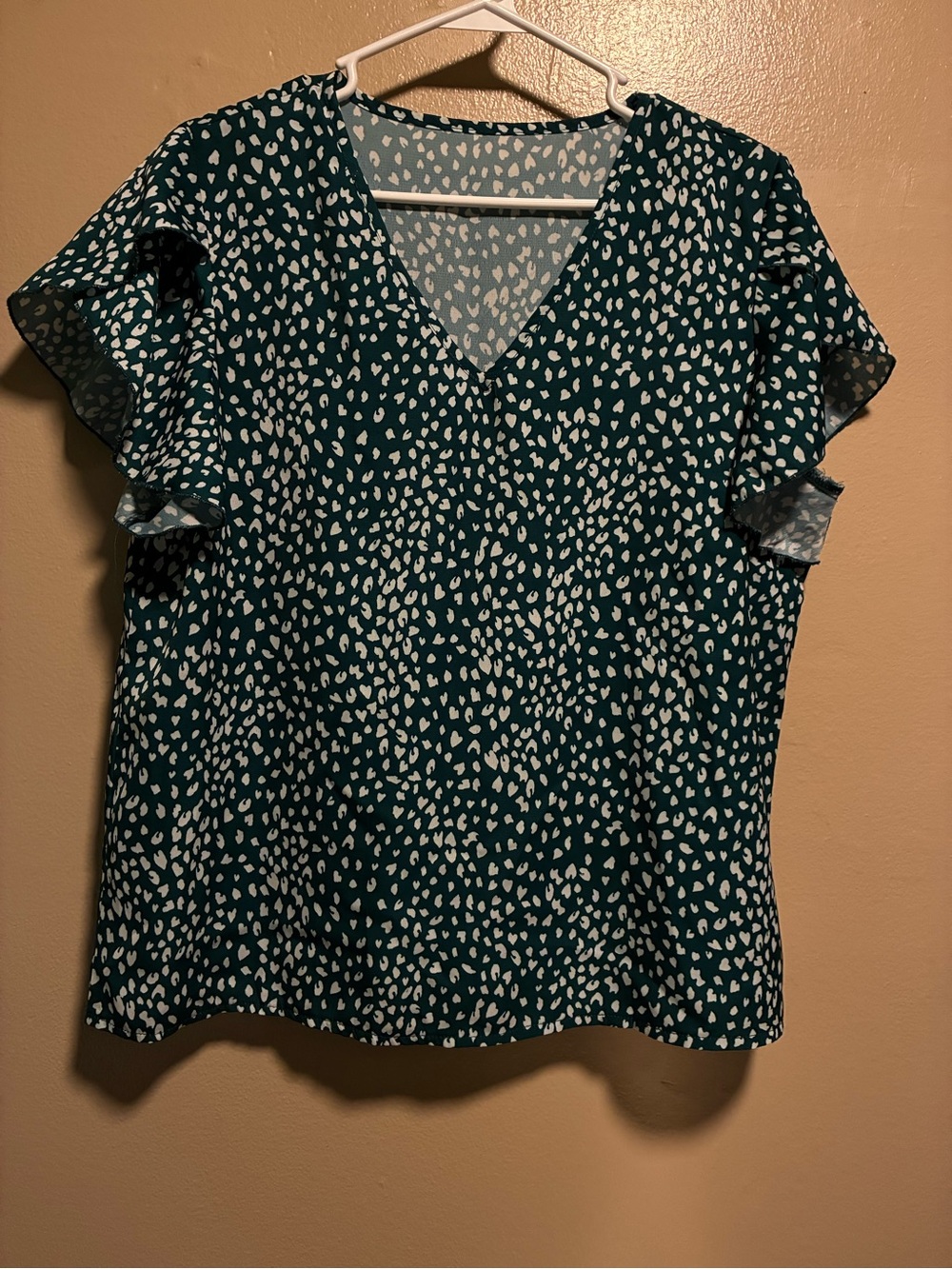 SHEIN Teal V-Neck Flutter Sleeve Top with White Spot Print